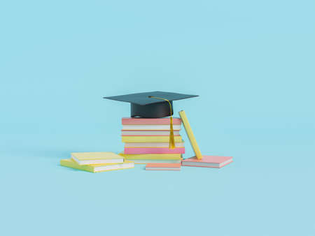 3d illustration with stack of textbooks under graduation cap representing concept of education and learning on light blue backgroundの写真素材