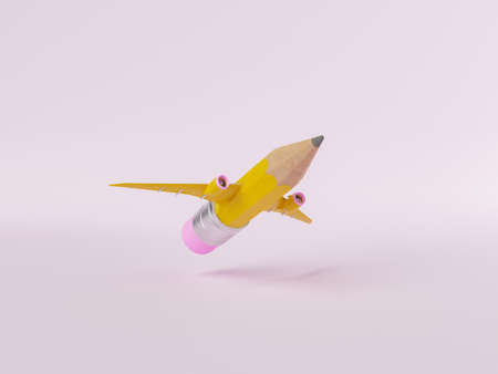 3d illustration of lead pencil with eraser and yellow aircraft wings flying on pink backgroundの写真素材