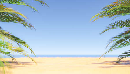 Tall lush exotic palms on sandy shore near sea against cloudless blue sky in coastal area of...