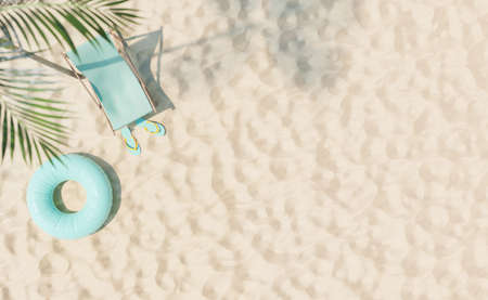 3D rendering aerial view of lounger with inflatable tube and flip flop sandals placed on sandy beach near palm tree on sunny summer dayの写真素材