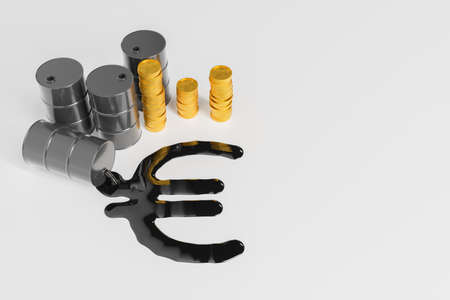 3D illustration of crude oil leaking from barrel and forming euro symbol near piles of coins on gray backgroundの写真素材