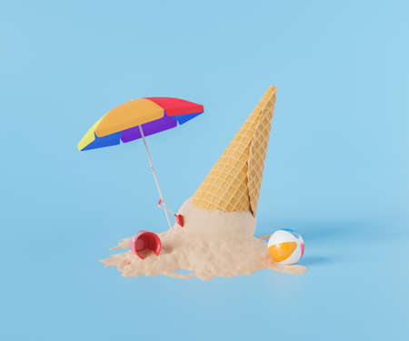 3d rendering of an ice cream cone with sand ball and beach toys around it on a blue studio...
