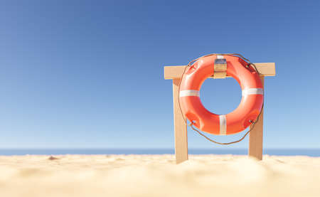 3D illustration of wooden rack with life saving buoy installed on sandy beach against sea and cloudless blue skyの写真素材