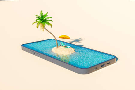 3D rendering of sandy island with palm tree and deckchair with umbrella surrounded by rippling sea on screen of modern mobile phone on pink backgroundの写真素材
