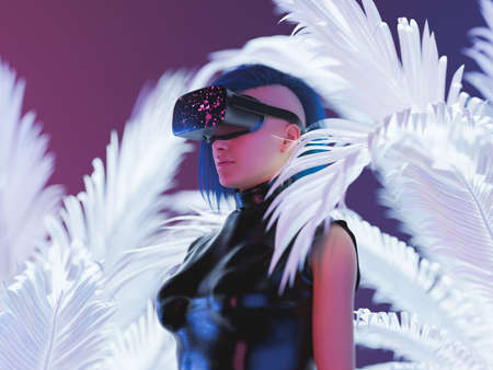 3D rendering of futuristic female in VR headset standing amidst white feathers and exploring metaverseの写真素材