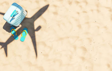 Top view 3D rendering of suitcase and flip flops placed on sandy seashore with shadow of flying airplane as backgroundの写真素材