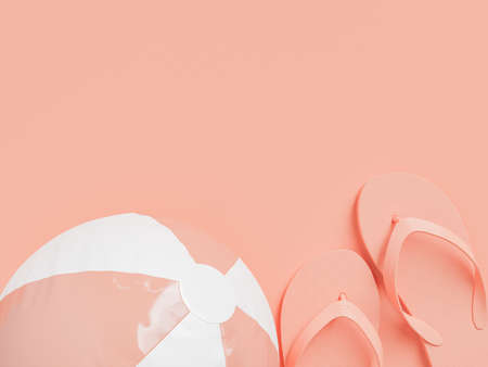 From above 3D rendering of striped inflatable ball and pair of flip flops placed on pink background...