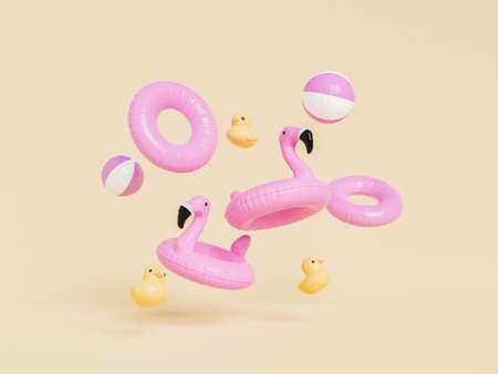 3D rendering of pink inflatable flamingos balls and swim rings with yellow rubber ducks against...