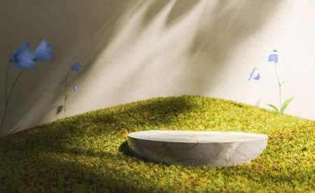 3D rendering of marble plate placed on grassy lawn near growing gentle purple bell flowers on sunny dayの写真素材