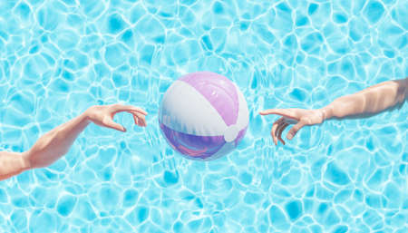 Top view 3D rendering of crop unrecognizable people underwater of outdoor swimming pool reaching out...
