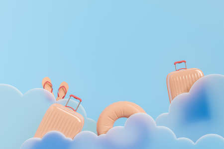 Creative 3D rendering with hard side suitcases with swim ring and flip flops amidst clouds against blue background showing concept of summer holidaysの写真素材