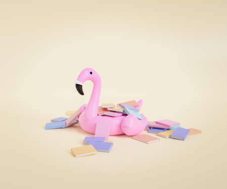 3D rendering of notebooks with colorful covers scattered around pink inflatable flamingo against...