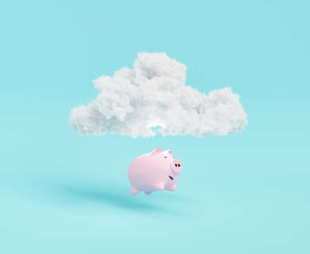 3D illustration of white cloud floating over piggy bank with money as symbol of financial crisis...