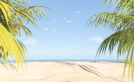 3D illustration of exotic palms with green leaves growing on sandy beach against sea and cloudy blue sky on summer day on resortの写真素材