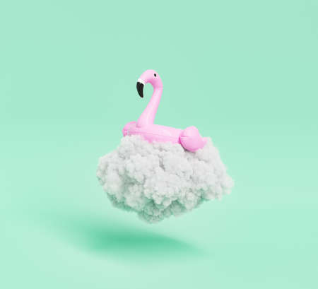 3D illustration of pink flamingo tube floating on gray storm cloud during summer vacation against...