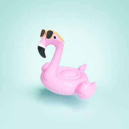 3D illustration of pink flamingo float with orange sunglasses during summer vacation against mint...