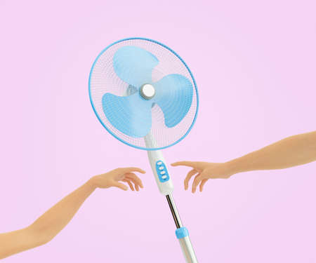 3D illustration of people outstretching arms to control buttons of fan on hot day against lilac backgroundの写真素材
