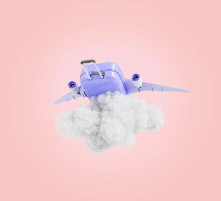 3D illustration of violet suitcase with plane wings flying over storm cloud during summer vacation...