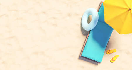 Top view 3D rendering of wooden sunbed with blue mattress and yellow umbrella placed on sandy beach near swim ring and flip flops on sunny dayの写真素材