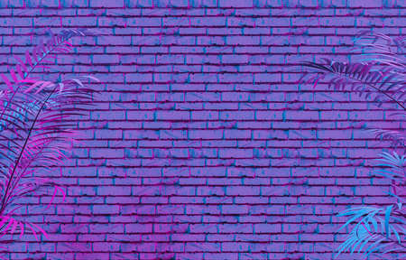 3D rendering of tropical plants growing near brick wall with bright purple neon illumination as...