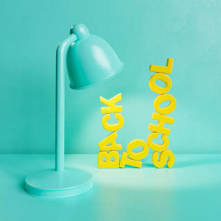 3D rendering of yellow crooked Back To School inscription and glowing table lamp against bright blue backgroundの写真素材