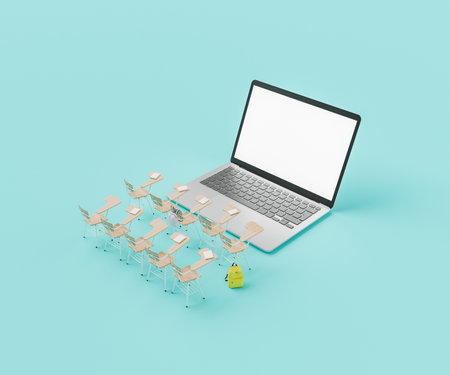 3D illustration of school desks arranged in rows near laptop with blank screen on turquoise backgroundの写真素材