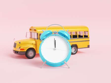 Blue alarm clock placed near toy of yellow school bus on yellow background. 3d rendering
