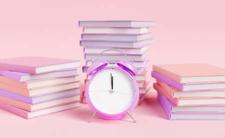 3D rendering of purple alarm clock placed on pink table near stacks of books with hardcovers in studioの写真素材