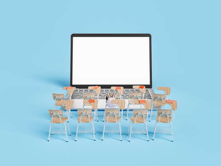 3D rendering of chairs placed in rows in front of large modern laptop with blank screen against blue backgroundの写真素材