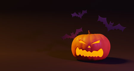 3D rendering of jack o lantern with angry face and bats against brown background during Halloween celebrationの写真素材