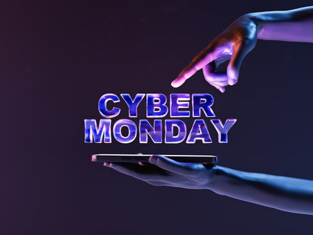 Creative 3D rendering of crop unrecognizable person using modern mobile phone in neon studio with illuminated Cyber Monday inscriptionの写真素材
