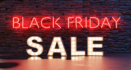 3D illustration of red Black Friday inscription glowing on brick wall near Sale signの写真素材