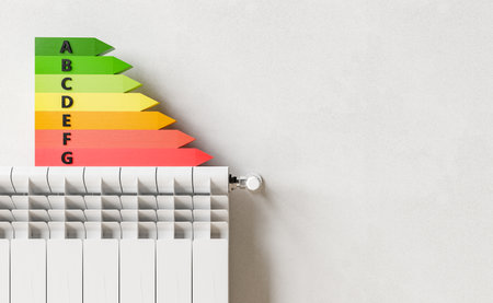 3D illustration of colorful energy efficiency chart placed on radiator against gray wall at home