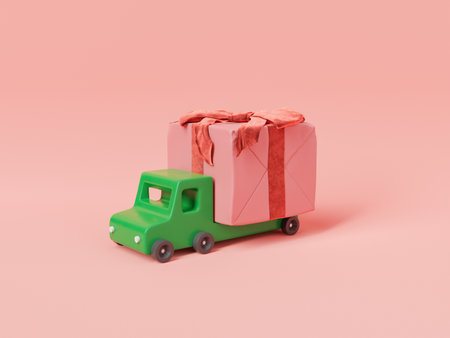 3D illustration of green toy lorry carrying wrapped present against pink background during holiday celebrationの写真素材