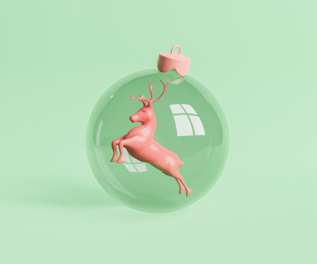 3D illustration of pink reindeer figurine inside transparent glass Christmas bauble against green backgroundの写真素材