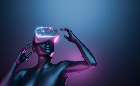 3d rendering of futuristic female character wearing headset of virtual reality in immersive word of...