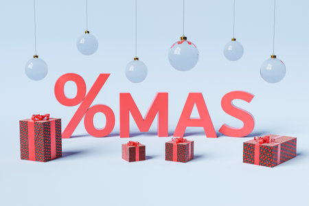 3d rendering of the word Xmas with percentage symbol and gifts around it with decorative christmas balls hangingの写真素材