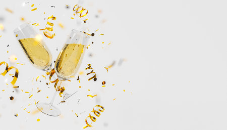 3d illustration of shiny crystal glasses with champagne in flying golden confetti for party on white backgroundの写真素材