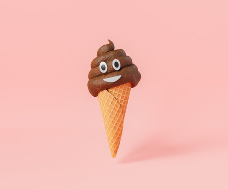 3d rendering of waffle cone with brown ice cream of poop with happy emoticonの写真素材