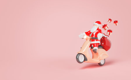 3d rendering of a figurine of santa claus on a scooter delivering gifts with his sack on a red studio backgroundの写真素材