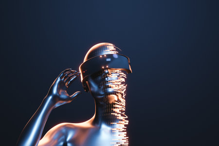 robot girl with VR glasses disintegrating in the metaverse. Concept of technology, future, metaverse, video games and artificial intelligence. 3d renderingの写真素材