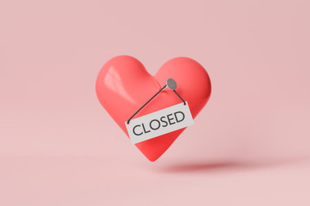 3d illustration of big red heart with hanging sign on nail saying Closed on pink backgroundの写真素材