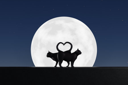 3d illustration of cats standing with tails making romantic heart sign against big bright moon in dark skyの写真素材