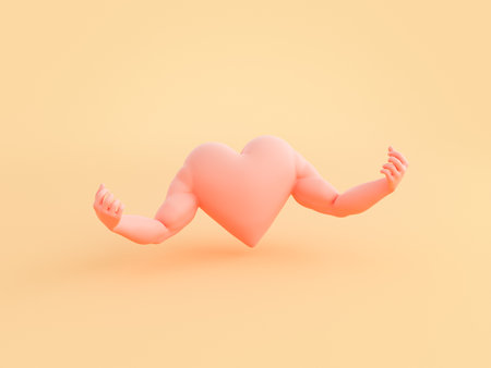 3d illustration of pink heart with muscular arms clenching fists on yellow backgroundの写真素材