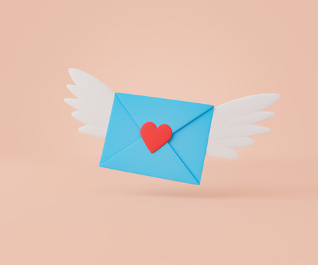 3d rendering of romantic blue letter envelope with red heart and white wings on beige backgroundの写真素材