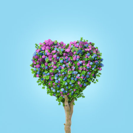 3d rendering of heart shaped tree crown with colorful flowers and green leaves against blue backgroundの写真素材