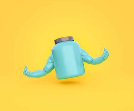 3d illustration of blue plastic container jar with supplement of protein powder showing biceps on yellow backgroundの写真素材