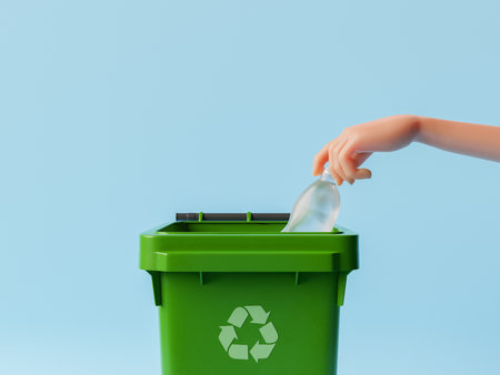 3D rendering of crop unrecognizable person throwing plastic bottle into green bin with reuse sign against blue backgroundの写真素材