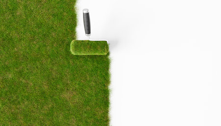 3D rendering of top view of manual roller painting green grassy lawn against white backgroundの写真素材
