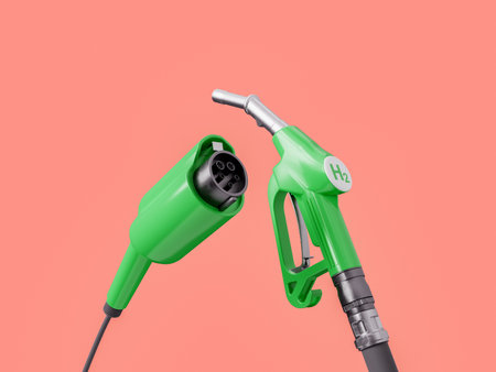 3D illustration of green electric plug and hydrogen fuel nozzle against pink background